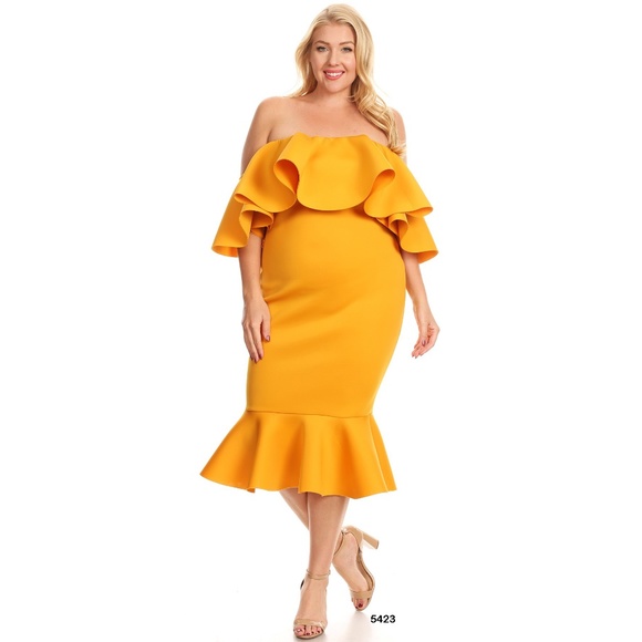 Dresses & Skirts - PLUS Mustard Strapless Bodycon Midi Ruffle Dress